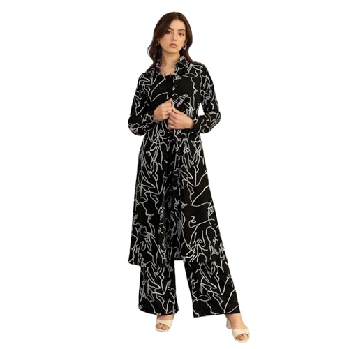 Image of Berrylush Women Spread Collar Neck Longline Top & Elastic Waist Trousers Co-Ord Set