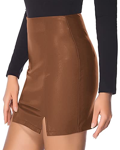Image of MANGOPOP Women's Basic High Waist Faux Leather Bodycon Mini Pencil Skirt (A04 Brown, X-Large)