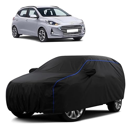 Image of Sulfar 100% Water Resistant Car Body Cover Compatible with Mirror for Hyundai Grand i10 Nios (Triple Stitched, Full Bottom Elastic, Black Tafetta with Blue Piping)