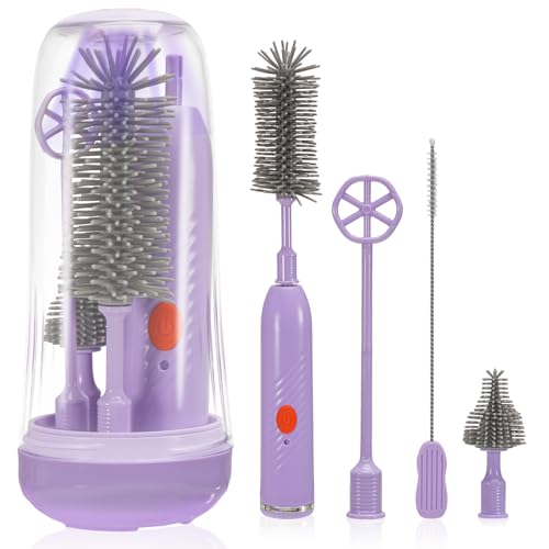 Electric Baby Bottle Brush Set, 4-in-1 Portable Bottle Cleaner with UV Sterilizer, Silicone Baby Bottle Brush, Nipple & Straw Brush, Bottle Drying Rack, Dual-Speed Cleaning Mode