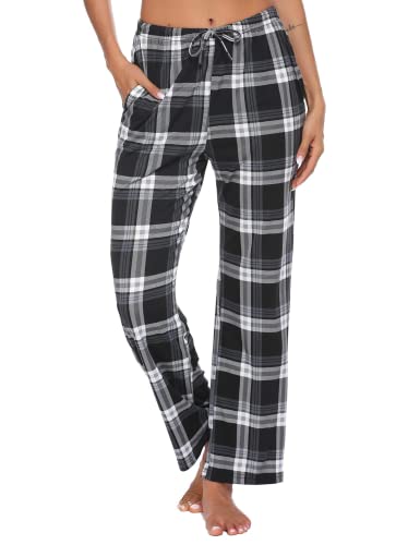 Ekouaer Pantalon de pyjama long pour femme - Pantalon de pyjama - Pantalon de loisirs - Pantalon de plage à carreaux - Couleur unie - Avec poches et cordon de serrage, noir-c, M Cover