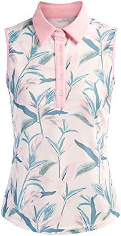 Womens Golf Shirt Sleeveless Tennis Sport Polo Shirts Moisture Wicking Athletic Shirts Equestrian Top(Pink Leaf,M)