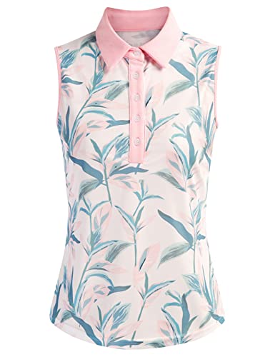 Womens Golf Shirt Sleeveless Tennis Sport Polo Shirts Moisture Wicking Athletic Shirts Equestrian Top(Pink Leaf,M) #TOP9