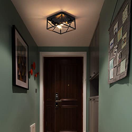 Modern Black Flush Mount Light Fixture Two-Light Industrial Metal Square Semi Flush Mount Ceiling Light For Hallway Bedroom Kitchen Entryway Farmhouse Dining Room #TOP1