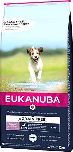 Eukanuba Welpenfutter getreidefrei mit Fisch für kleine und mittelgroße Rassen - Trockenfutter ohne Getreide für Junior Hunde, 12 kg