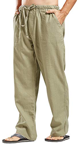 CHARTOU Men's Casual Stretched Drawstring Mid-Waist Loose Fit Lightweight Straight Leg Linen Summer Beach Pant