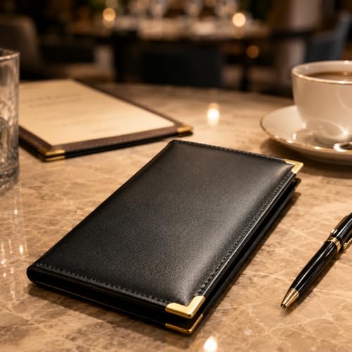 Image of Set of 6 Bill Folders with Golden Corners | Black Leatherette Menu Holder for Restaurants, Hotels & Cafes | Durable Check Presenters /Receipt Holders for Commercial Use