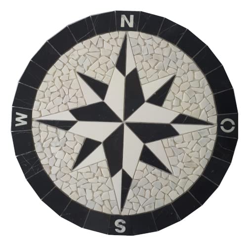 Rosace des vents mosaïque 80 cm ronde, carrelage boussole marbre noir et blanc