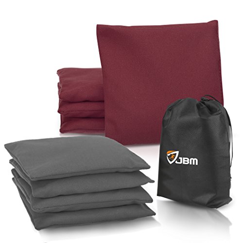 JBM Cornhole Bag (Pack of 8) Weather Resistant Cornhole Bags with Recycled Plastic Pellets for Tossing Corn Hole Game - Free Carrying Bag Included (Wine Red & Gray, 14OZ)