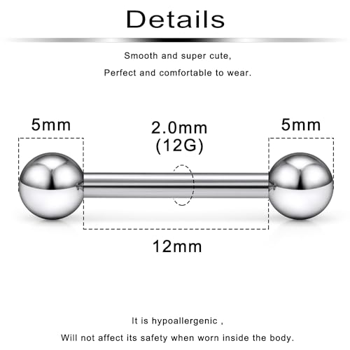 Ftovosyo G23 Titanium PA Ring Internally Threaded Straight Barbell Nipple Ring 2G 4G 6G 8G 12G 14G 16G Tongue Rings Body Piercing Jewelry for Woemn 2Pcs2