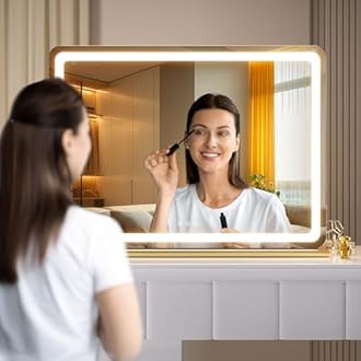 Hasipu Vanity Mirror with Lights, 80 x 50cm LED Makeup Mirror, Lighted Make up Mirrors with Touch Screen Control, 3 Dimmable Modes Round Gold