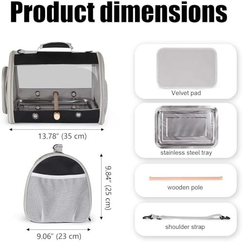 Bird Carrier, Portable Small Bird Cockatiel Conure Parrot Parakeet Carrier with Standing Perch and Stainless Steel Tray, Side Access Window Collapsible (Black, Cylinder Design - Clear) - Image 3