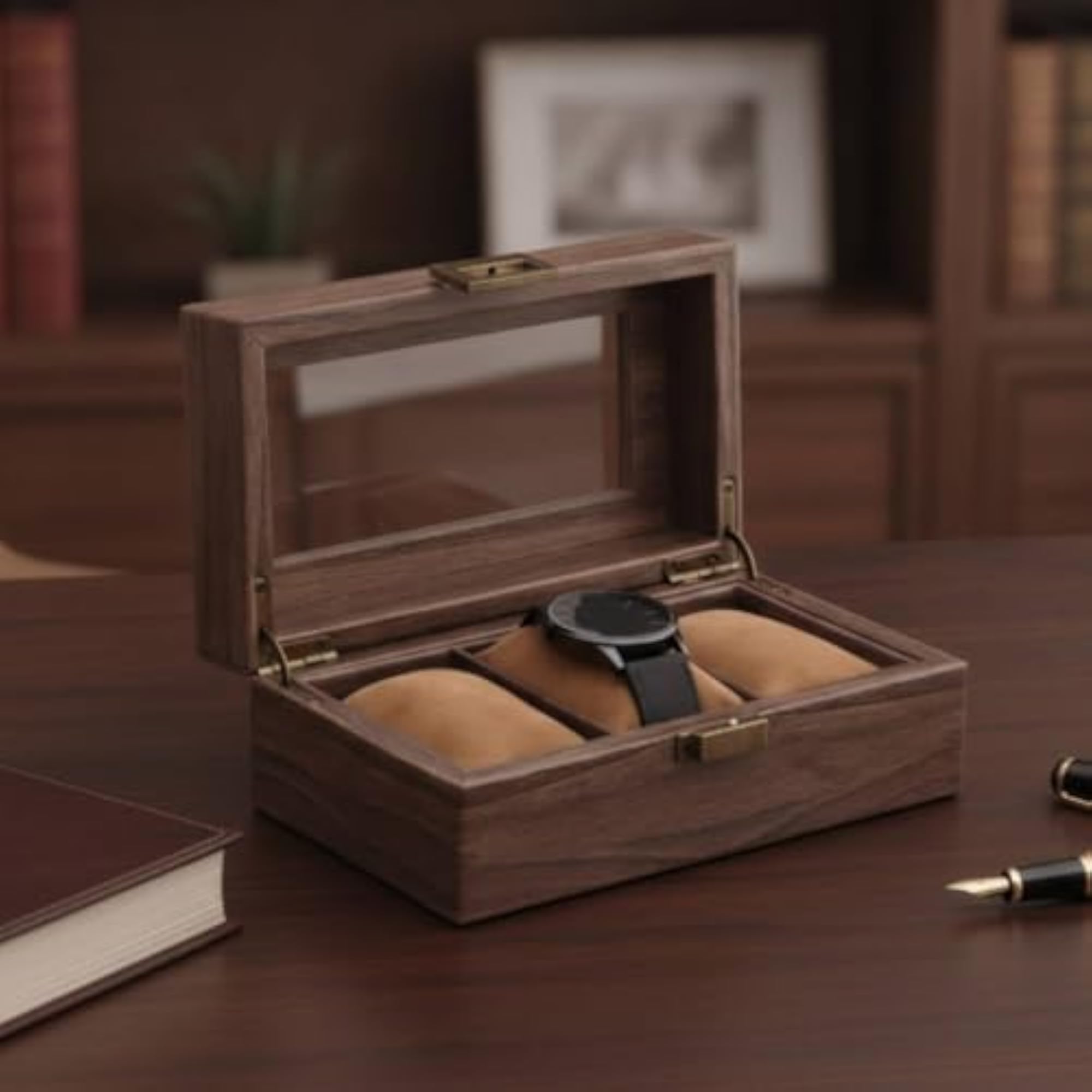 Velvet-Lined Watch Box with Glass Lid, 12 Slots