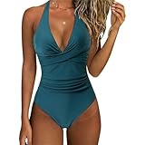 GLDFW - Traje de baño con control de abdomen para verano, sexy, cruzado, a rayas, una pieza, cuello halter, fruncido, espalda descubierta, traje de baño, verde, L