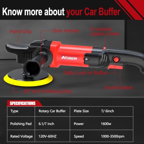 Image of AOBEN Car Buffer Polisher,Rotary polisher,1600W Car Polisher Waxer with 6 Variable Speed,4 Polishing Pads,Detachable Handle for Car Polishing and Waxing