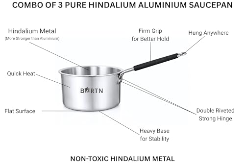 Image of Combo of 3 Hindalium Silver Saucepan for Tea /Milk /Water | Pure Hindalium Non-Reactive Aluminium Heavy Base Fast Heating Milk Pot & Tea Pan Cookware for Multipurpose Uses| Pack of 3 | 1 L & 2 L & 3 L