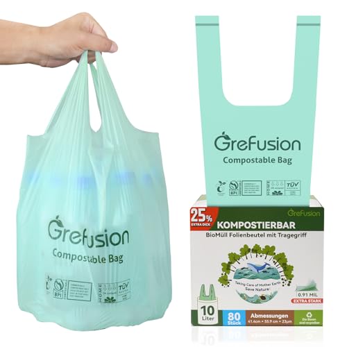 GreFusion Extra Strong 10L Organic Bin Liners with Handle Pack of 80 Bin Liners with Carry Handle ok Compost