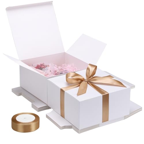 EUSOAR Gift Boxes with Lids for Presents, 10 Pcs 8"x8"x4" 350gsm Cardboard White Bridesmaid Proposal Box with Ribbon, Kraft Paper Birthday Wedding Gift Box for Candy Candle Soaps Jewelry Packaging
