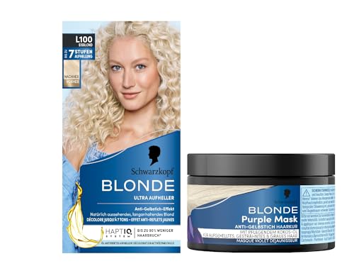 Schwarzkopf Blonde Aufheller L100 Eisblond (175 ml) mit HaptIQ System, für bis zu 8 Stufen Aufhellung & Purple Mask (150 ml) mit Anti-Gelbstich Effekt vegan & silikonfrei