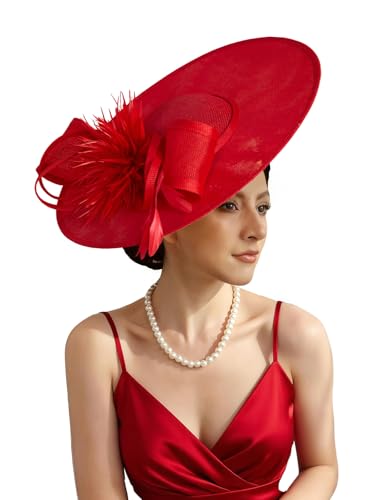 Unpifolov Fascinators Hats Elegant Women Flower Mesh Feathers Headband Wedding Cocktail Bride Party Wide Brim Headwear for Derby Hat Tea Party M20 Red