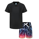 Boys Rash Guard Swimsuits Set for Boys 2 Piece Short Sleeve Swim Shirts Quick Dry Bathing Suits with Trunks Black Flash Surfing Size 8/7-8