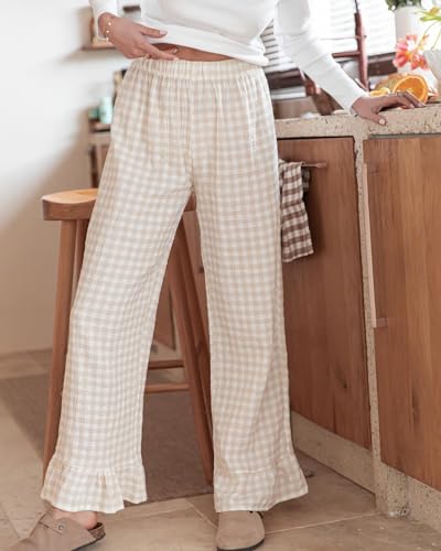 Womens Gingham Pants Wide Leg Lounge Pants Y2k Plaid Print Ruffle Hem Loose Trouser3