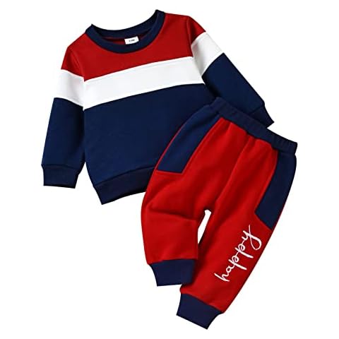 GNMKILUS 2PC Newborn Baby Boys Girls Clothes Outfit 3 6 9 12 18 24 Months Baby Sweatshirt Pants Set Long Sleeve Striped Pullover Top Letter Pants (Red Blue,18-24 Months) Cover