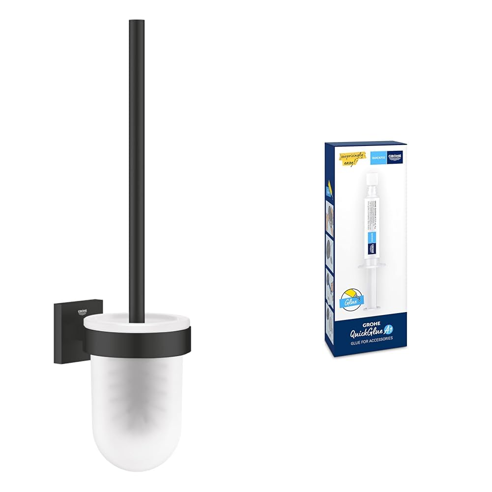 Lot de GROHE Start Cube Porte-Balai de WC (Montage Mural, Fixations Cachées, Platine de Fixation Incluse, Noir Mat), 409772430 + GROHE Kit Colle Quickglue A1, 41127000