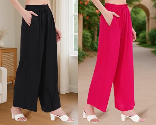 Image of Buy That Trendz Palazzo Pants for Women Cotton Rayon Elasticated Flared Wide Leg Regular Fit M to 6XL Pack of 2