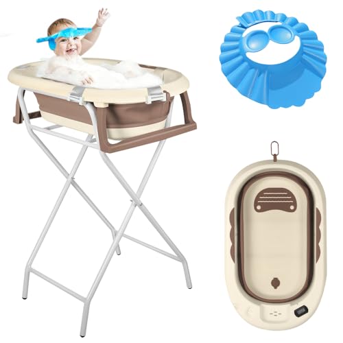 Homewell XXL Baignoire Bébé Pliable Sur Pied, Baignoire Enfant avec Coussin Support, Thermomètre à eau et Rince Tete Bebe, 82 * 42 * 22cm (Marron)