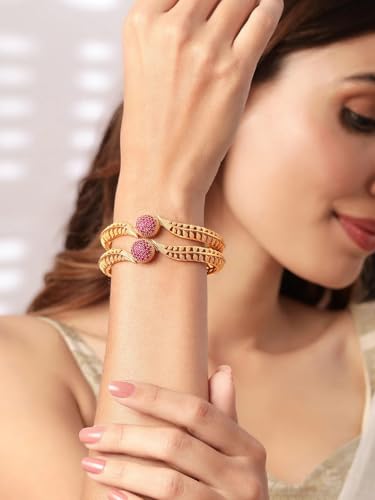 Image of Rubans Set of 2 22K Gold-Plated Stylish Stone Studded Traditional Bangles for Womens & Girls