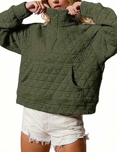 SCUSTY Women's Quilted Puffer Jacket Half-Zip Pullover Sweatshirt Long Sleeve Lightweight Fall Casual Oversize Warm Outerwear