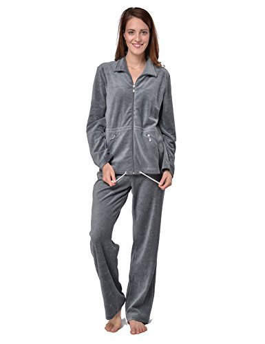 RAIKOU Damen Nicki Hausanzug mit Reißverschluss Velours Freizeitanzug Trainingsanzug (Grau Melange,40/42)