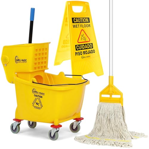 Simpli-Magic Side Press Wringer Combo Commercial Mop Bucket on Wheels 35 Quart Yellow Including Wet Floor Caution Sign and Set Polyethylene