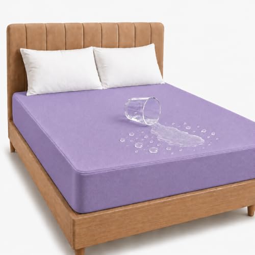Image of Babylee 100% Waterproof King XL 78x72 Inch 6.5x6 Ft Fits Upto 10 Inch Mattress | Premium Terry Cotton Breathable Bed Protector | Mattress Cover for Double Bed | Lavender