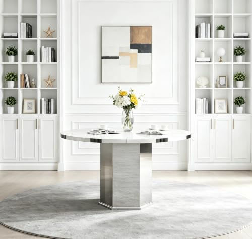 Image of 47 inch-63 inch Extendable Dining Table for 4 6, Modern White Expandable Kitchen Table, Round to Oval Dining Room Table with Mirrored Pedestal for Dining Kitchen Living Room