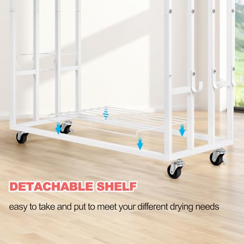 Freestanding Towel Rack for Bathroom Rolling Towel Storage Cart On Wheels Blanket Ladder with Shelf & 6 Hooks, Outddoor Poolside Towel Holder Stand, White
