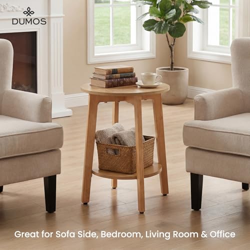 DUMOS Small Round Side Tables for Small Spaces, 2-Tier Boho End Table with Storage Shelf, Sturdy Simple Trending Bedside Nightstand with Non-Slip Pads for Living Room, Bedroom, Wood by DUMOS - Image 5