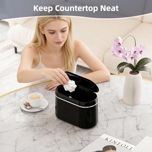 PAVSTINE Tischmülleimer mit Deckel, Tischabfalleimer Zweikammer-Design, Mini Mülleimers Enthält 5 Rollen Müllbeutel und 4 Anti-Rutsch-Matten, Tisch Mülleimer für Schreibtisch, Badezimmer, Schwarz