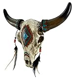 De Leon Collections Rustic Southwest Tribal Bull Cow Skull with Feathers, Beads & Faux Turquoise Stone Hanging Wall Décor