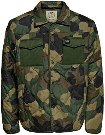Only & Sons Mens Camo Quilted Regular Fit Jackets Lightweight Warm Casual Winter Coats Polyester Overcoats Forest