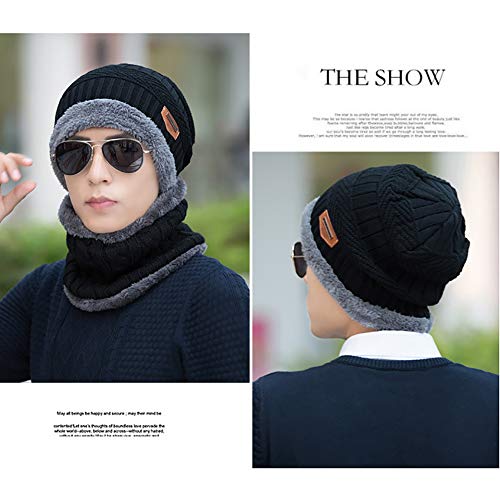 Conjunto de gorro de inverno feminino masculino com laço de círculo, conjunto de cachecol de lã reve