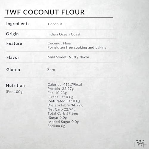 Image of TWF Coconut Flour | 1kg | Stone Ground | Gluten Free | Low Carb Coconut Powder | Supports Keto Diet | Paleo Friendly | Chemical Free | Ideal for Baking | Nariyal Powder | Grain Free | 100% Natural Nariyal