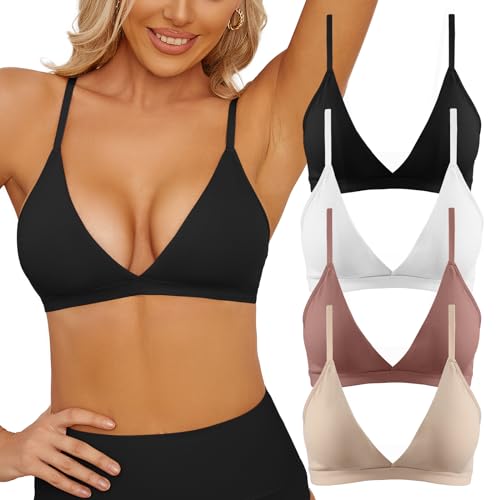 INIBUD Bralette for Women Triangle Cups Adjustable Straps Wireless Bra Deep V Neck Removable Padded Seamless