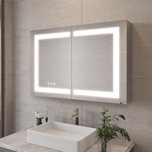 MIRPLUS 36 x 24 inch Bathroom Medicine Cabinet with LED Vanity Mirror, Adjustable Light Surface Mount Anti-Fog Double Door Lighted Bathroom Cabinet with Touch Switch (Full Light)