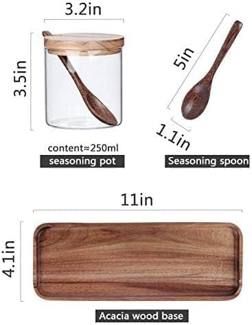MEETOZ Condiment Container Seasoning Box Set, with Wooden Spoon Lid and Base, Salt Sugar Spice Pepper Condiment Container Jar Set of 3 - Rectangular