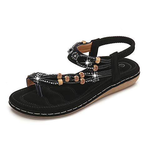 SANMIO Sandales Plates Été pour Femmes Mode Bohème Tongs Bout Ouvert Chaussures Plage Confortable Vacances Casual Sandales Style 1 Noir 36 Cover