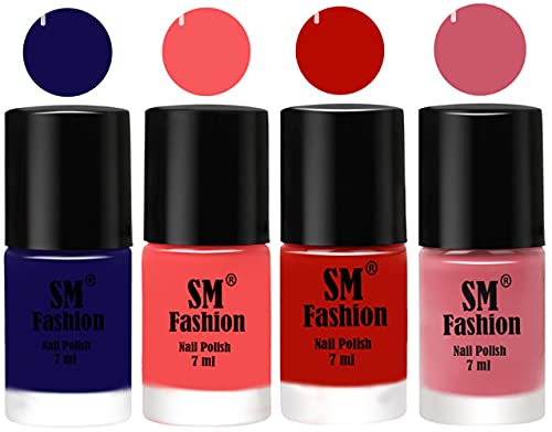 Image of Nail Polish Combo Set (Pack of 4) Quick Dry Gel Finish Nail Paint | Dark Blue,Light Pink,Red Orange,Nude Pink | 7 ml Each