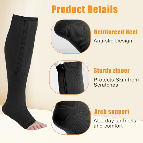 Image of 2 Pairs Zipper Compression Socks,Compression Stockings for Men and Women,15-20 mmHg Open Toe Compression Socks