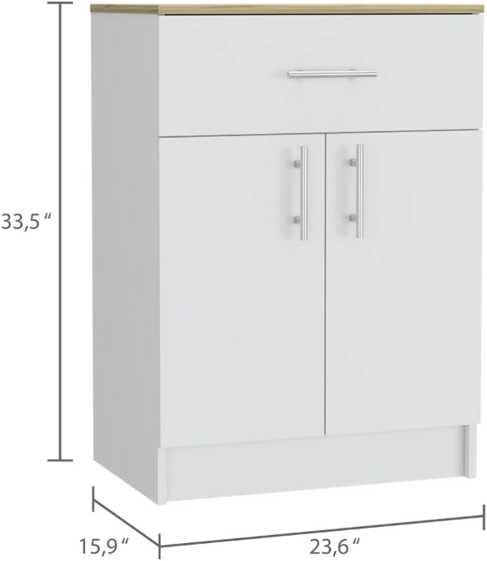 Pantry Organizer Cabinet 33" H, One Drawer, Two Interior Shelves, Two Doors, White/Light Oak